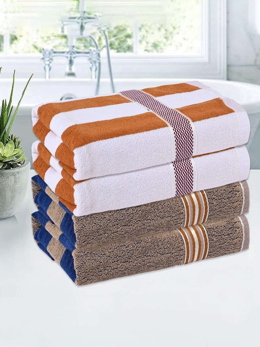 

Kuber Industries Cream-Coloured & Blue 4 Pieces Printed Cotton 150 GSM Bath Towels