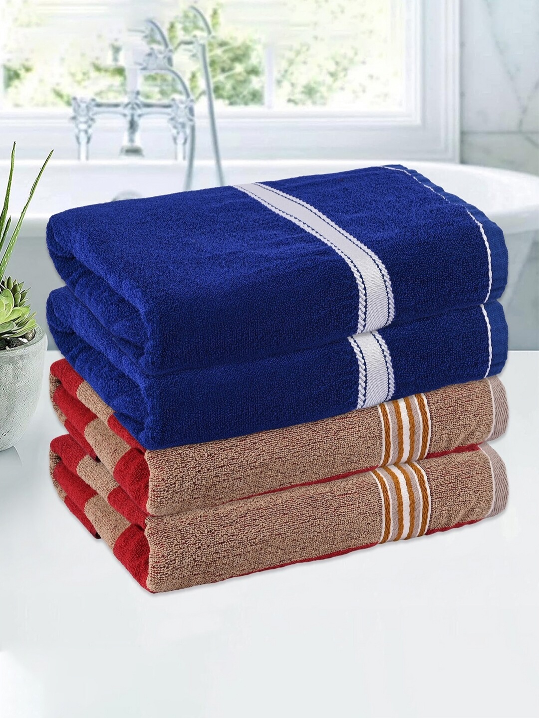 

Kuber Industries Cream-Coloured & Brown 4 Pieces Striped Cotton 150 GSM Bath Towels