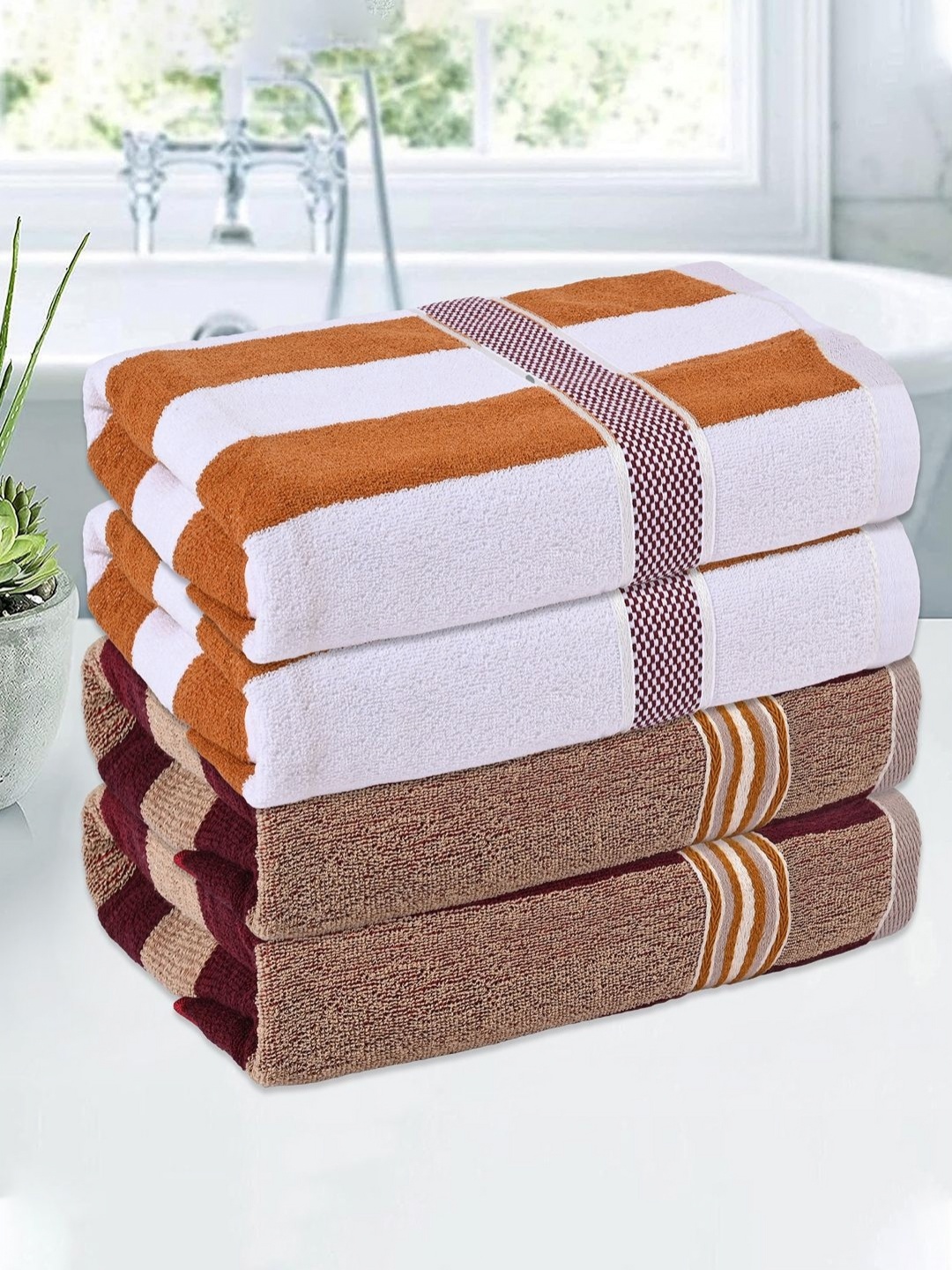 

Kuber Industries White & Brown 4 Pieces Striped Cotton 150 GSM Bath Towels