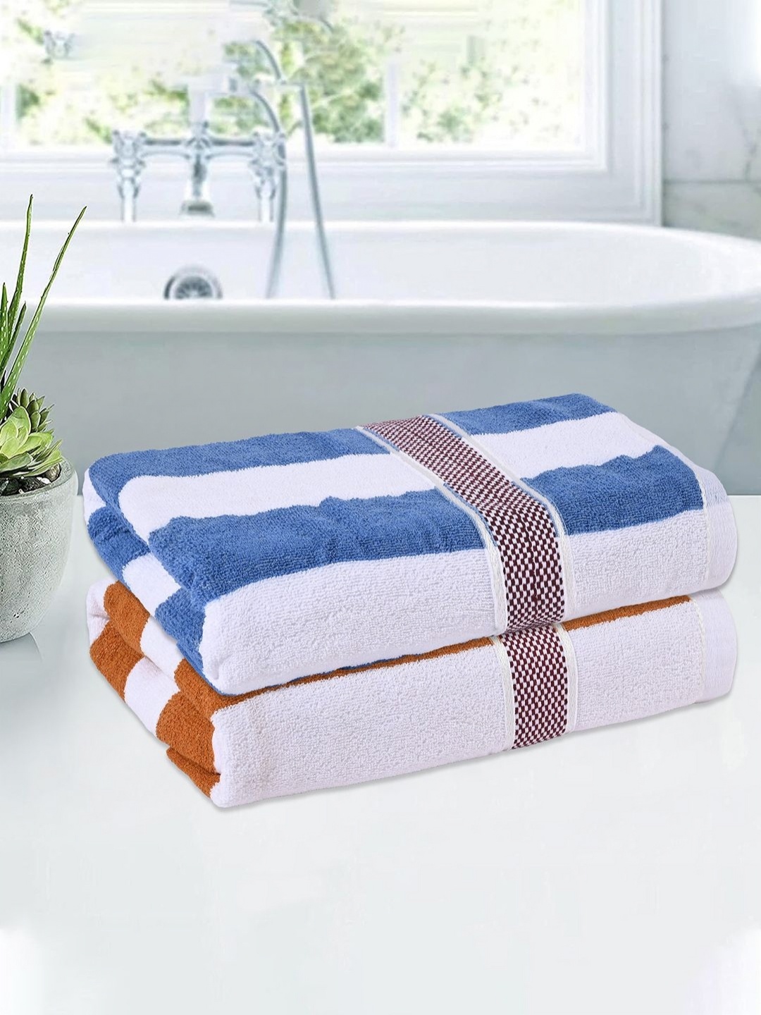 

Kuber Industries White & Brown 2 Pieces Striped Cotton 150 GSM Bath Towel