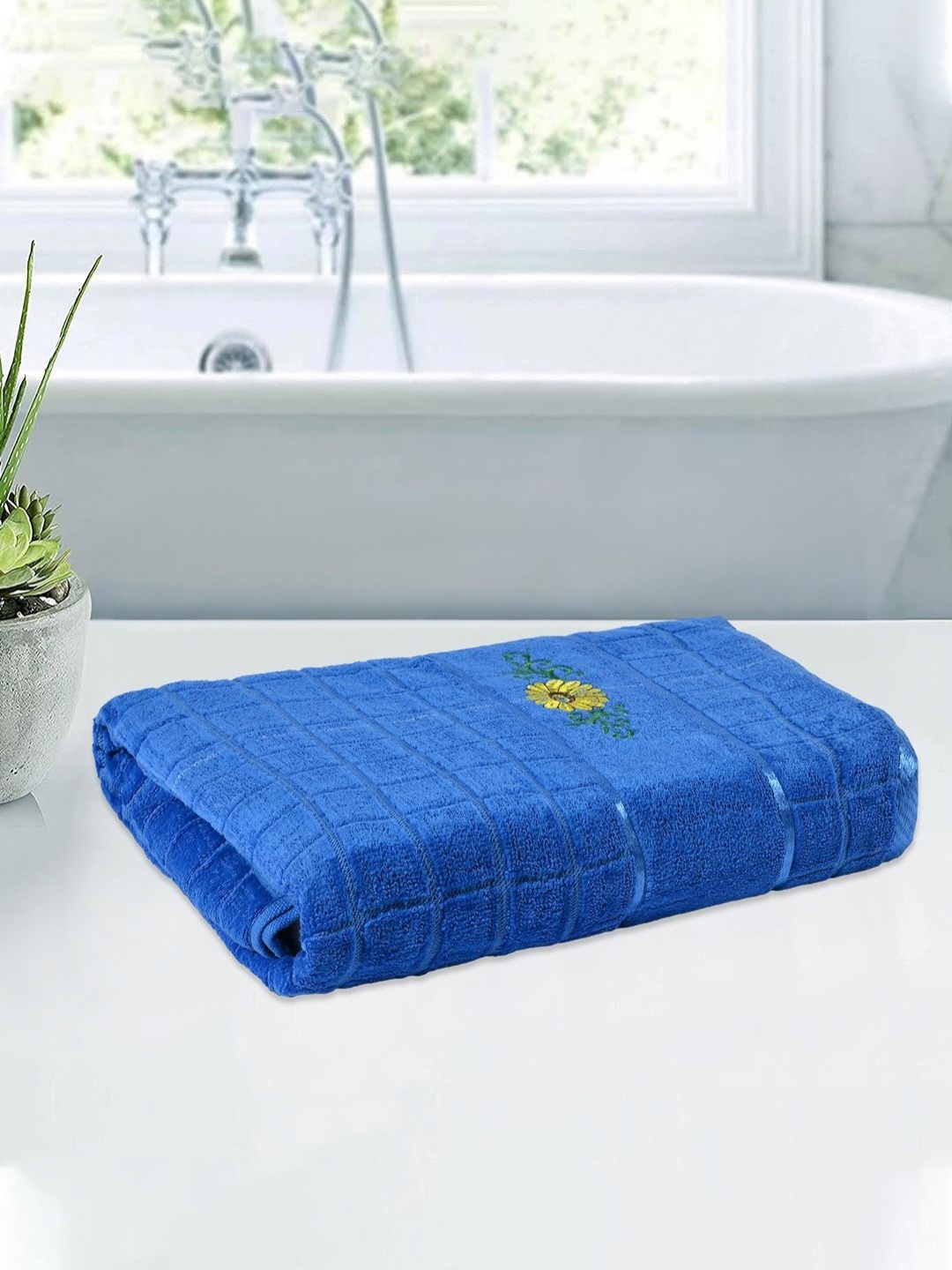 

Kuber Industries Blue & Yellow Embroidery Cotton 144 GSM Bath Towel