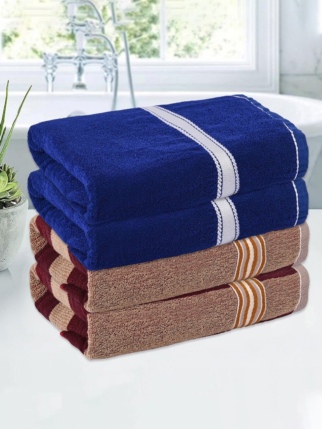 

Kuber Industries Cream-Coloured & Blue 4 Pieces Striped Cotton 150 GSM Bath Towels