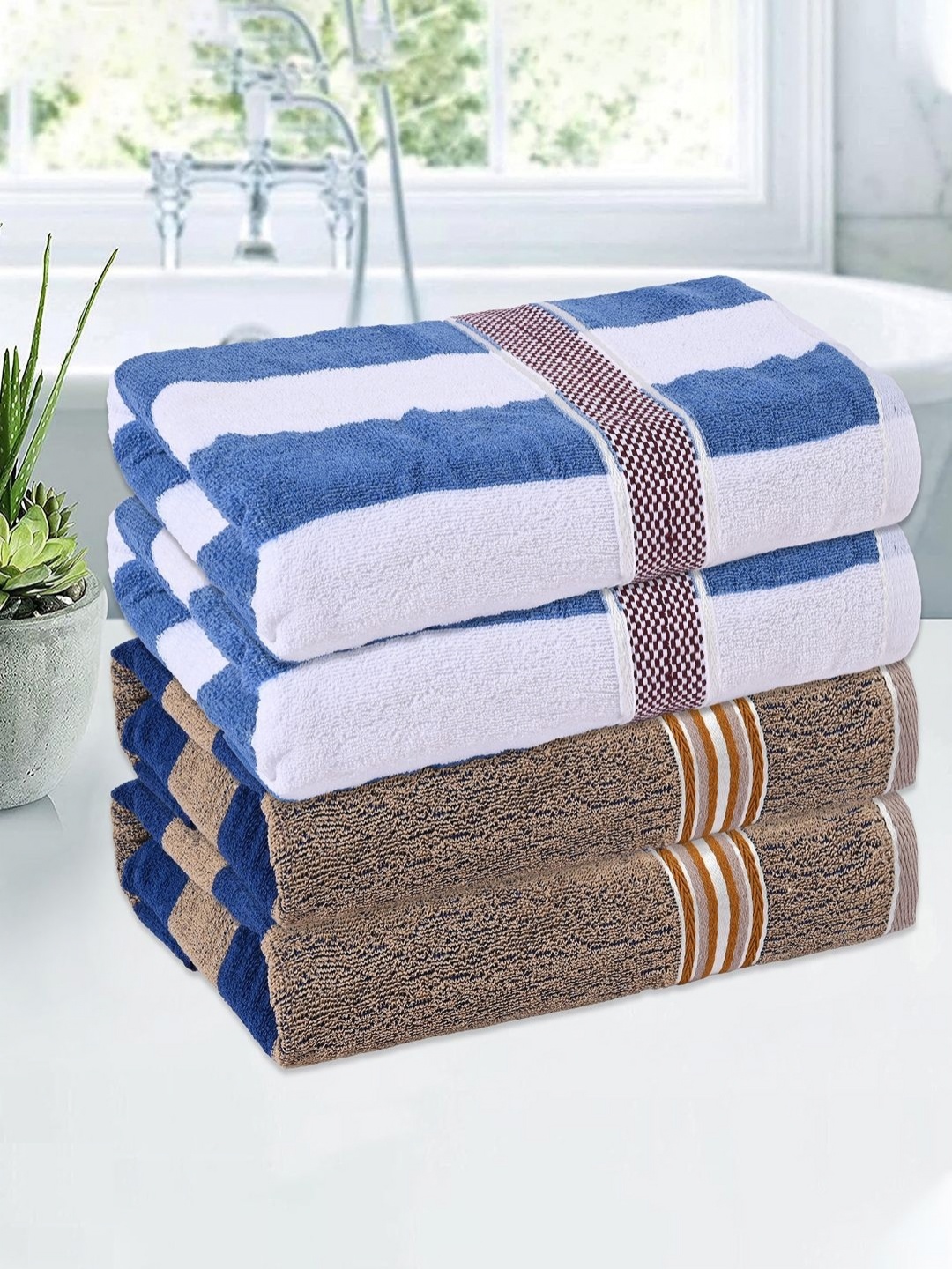 

Kuber Industries Cream-Coloured & Blue 4 Pieces Striped Cotton 144 GSM Bath Towel