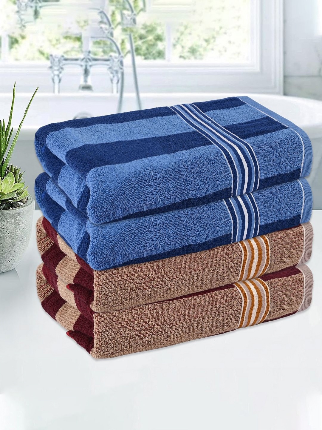 

Kuber Industries Cream-Coloured & Blue 4 Pieces Striped Cotton 144 GSM Bath Towel