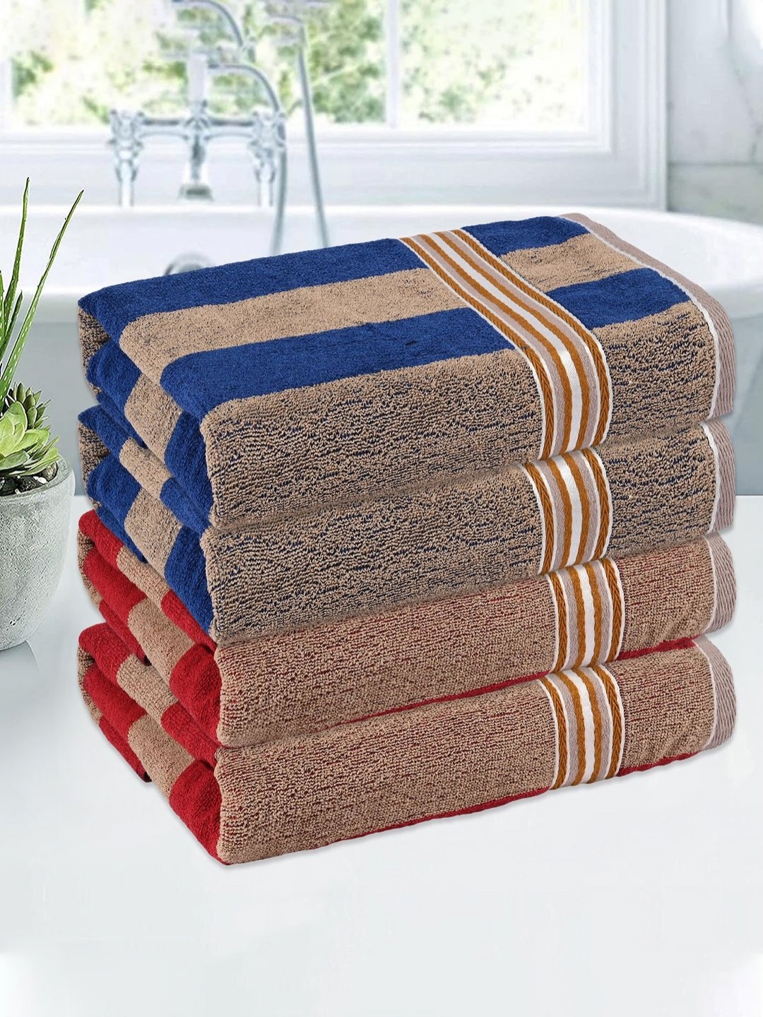 

Kuber Industries Cream-Coloured & Blue 4 Pieces Cotton 150 GSM Bath Towel