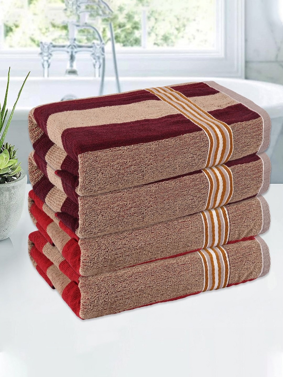 

Kuber Industries Cream-Coloured & Red 4 Pieces Striped Cotton 150 GSM Bath Towel