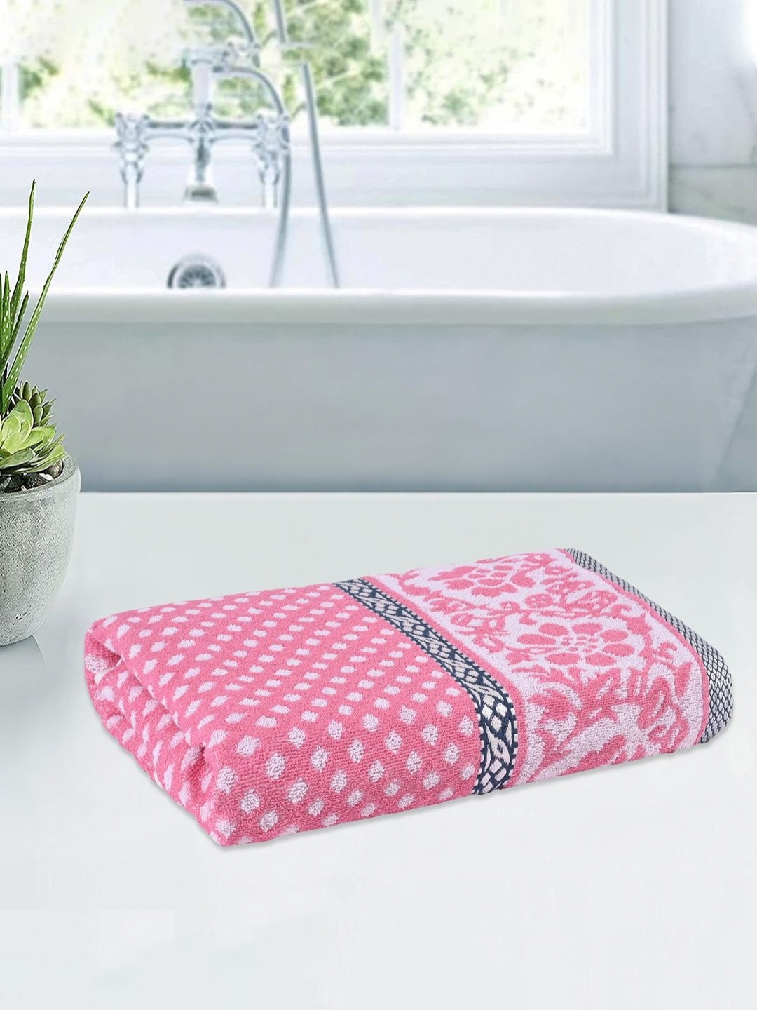 

Kuber Industries Pink & White Printed Cotton 144 GSM Bath Towel