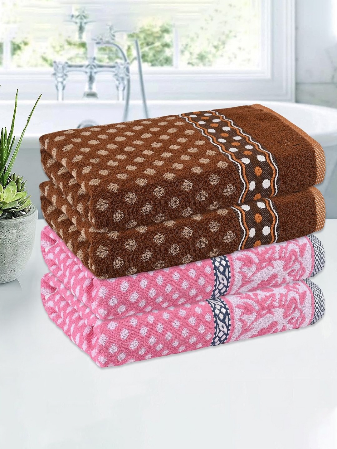 

Kuber Industries Pink & Brown 4 Pieces Printed Cotton 150 GSM Bath Towel