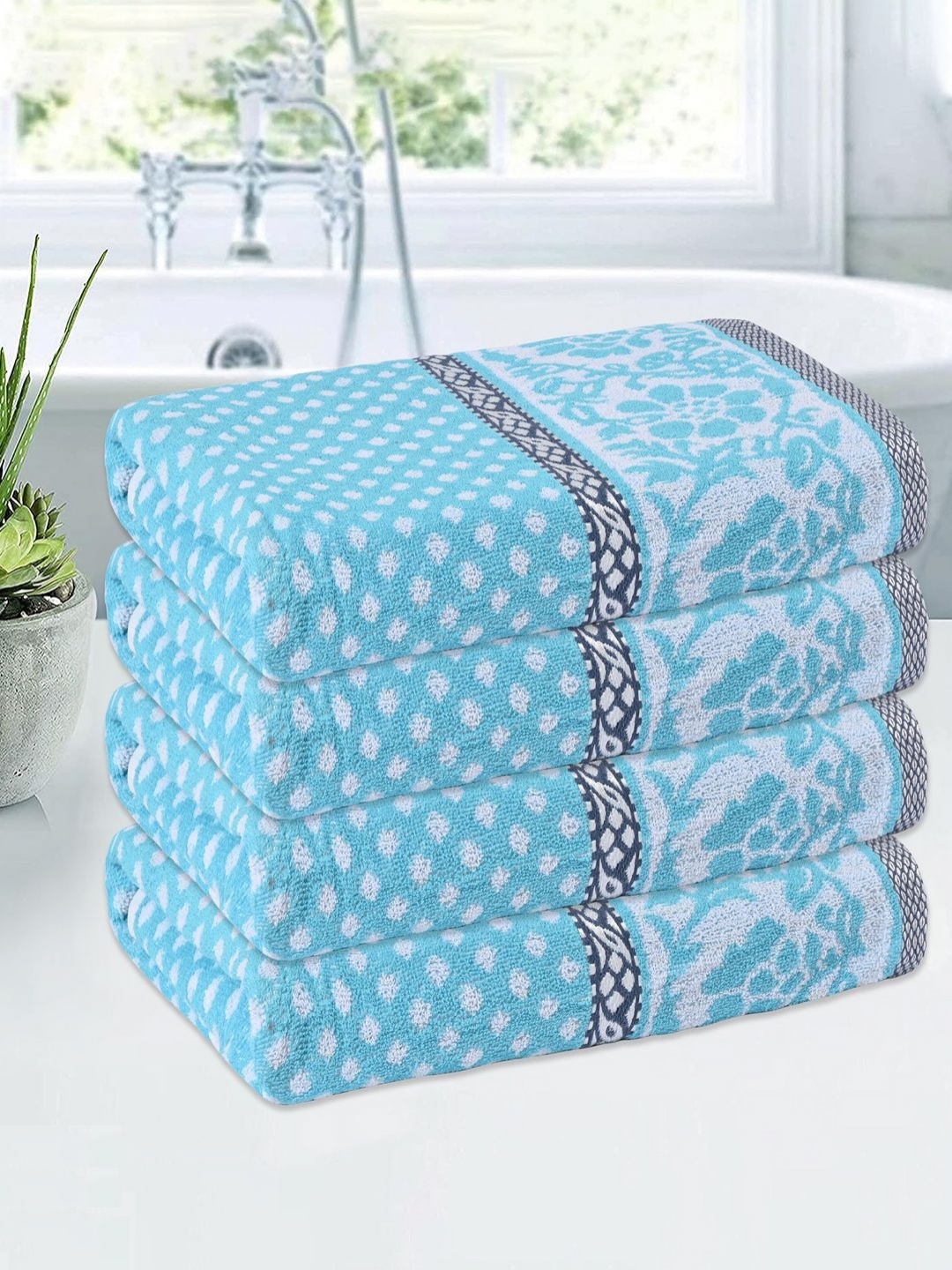 

Kuber Industries Blue & White 4 Pieces Printed Cotton 144 GSM Bath Towels
