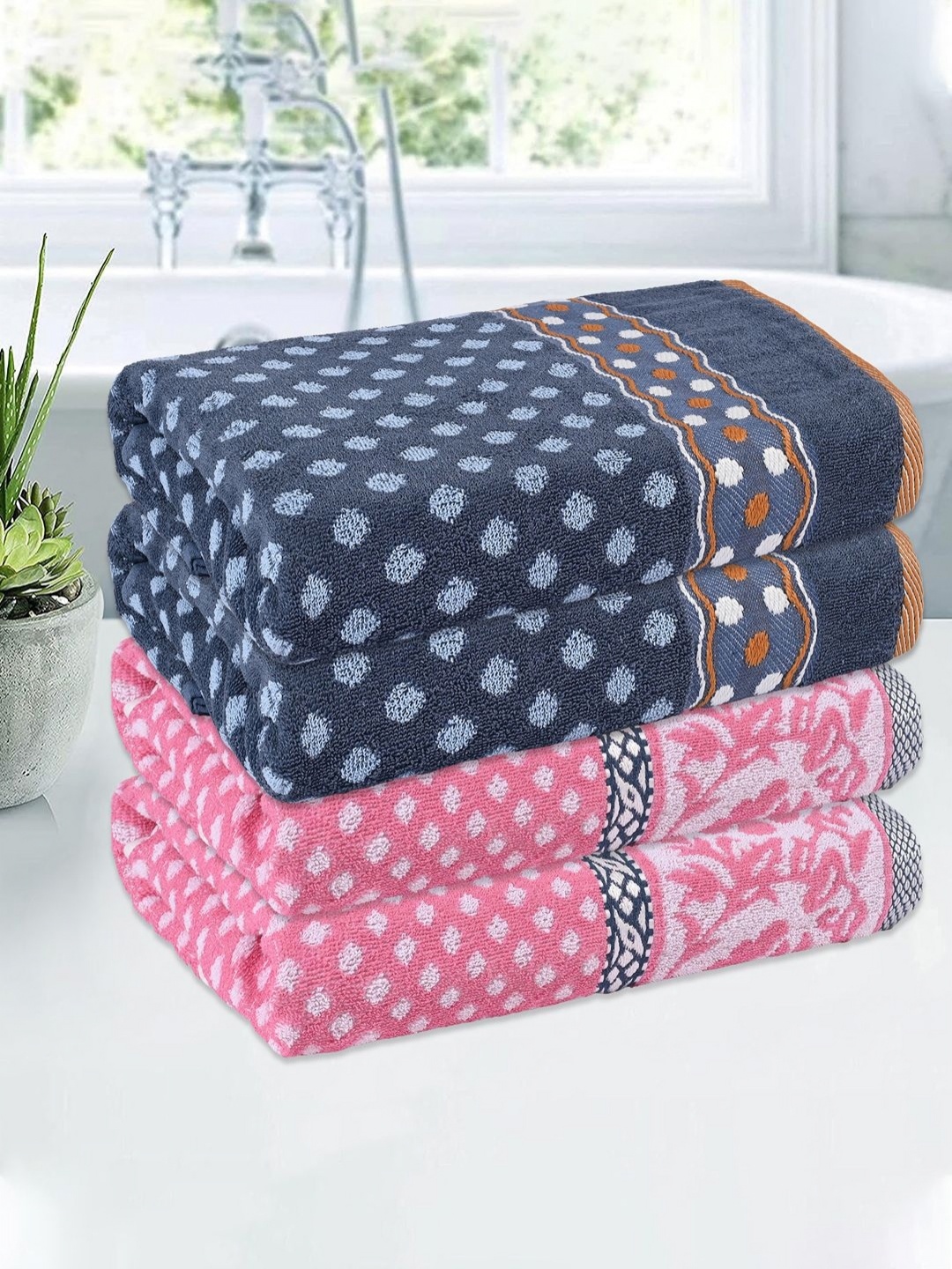 

Kuber Industries Pink & Blue 4 Pieces Printed Cotton 150 GSM Bath Towel