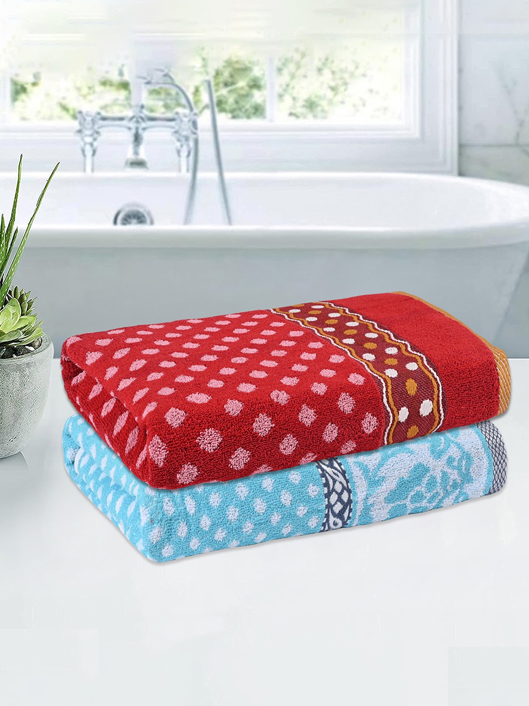 

Kuber Industries Blue & Red 2 Pieces Printed Cotton 150 GSM Bath Towels