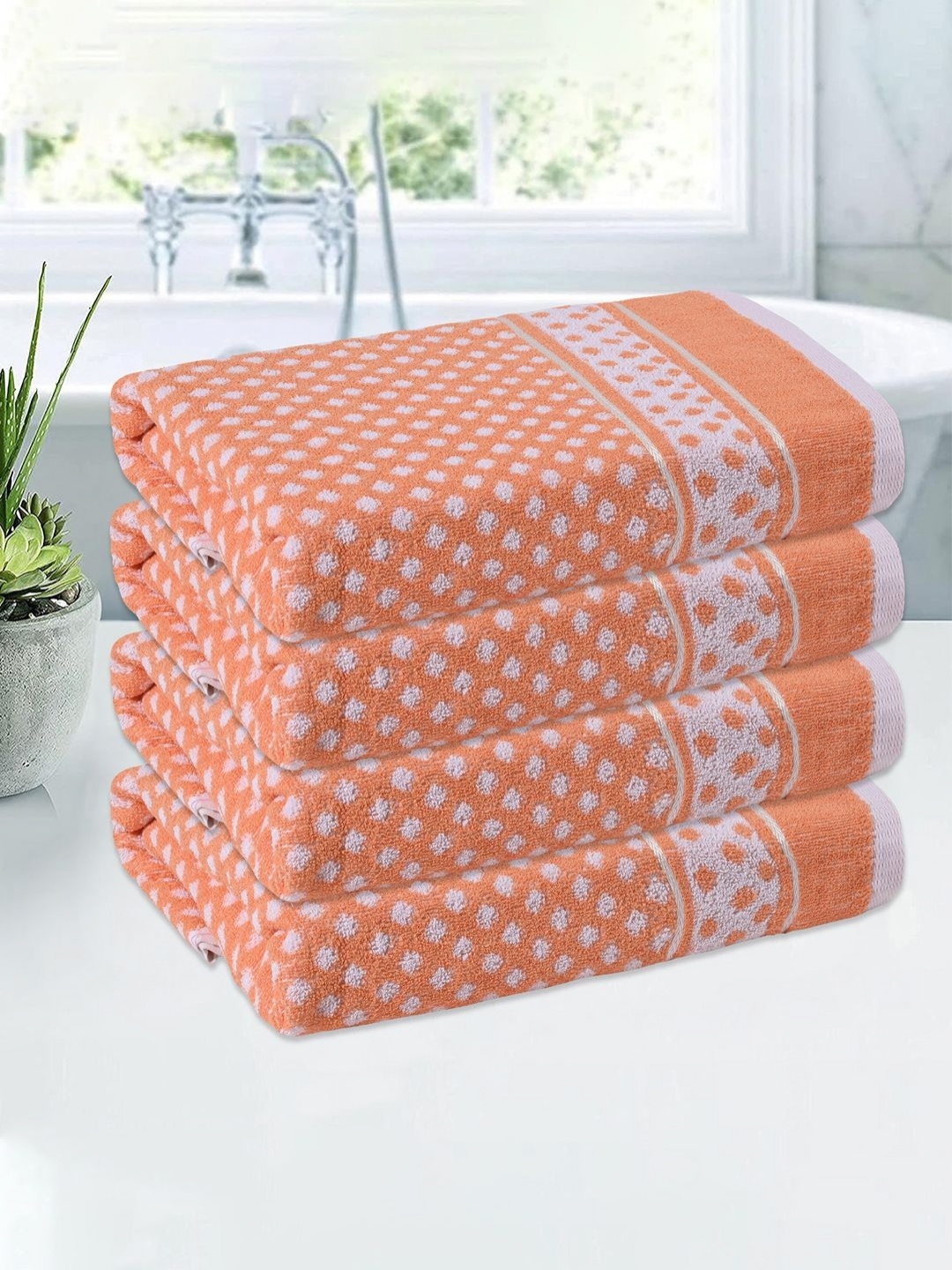 

Kuber Industries Orange & White 4 Pieces Printed Cotton 150 GSM Bath Towels