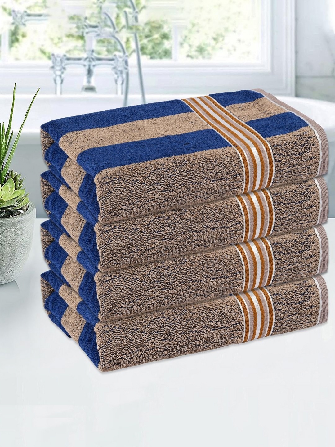 

Kuber Industries Cream-Coloured & Blue 4 Pieces Striped Cotton 150 GSM Bath Towel