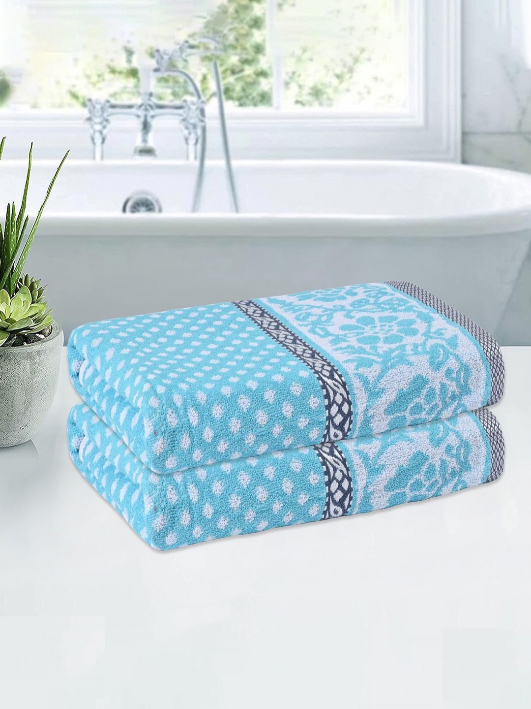

Kuber Industries Blue & White 2 Pieces Printed Cotton 150 GSM Bath Towel