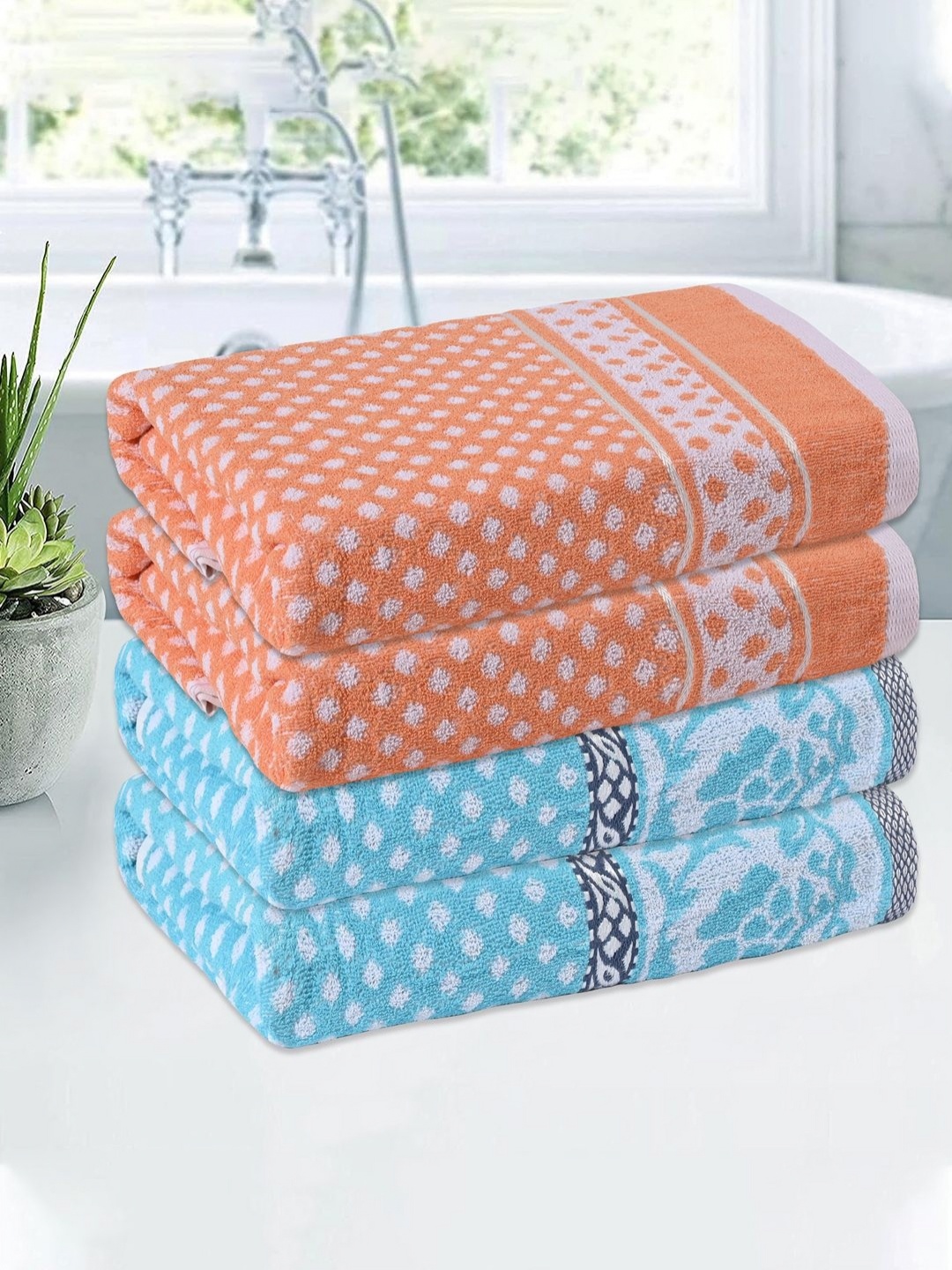 

Kuber Industries Blue & Orange 4 Pieces Printed Cotton 150 GSM Bath Towels