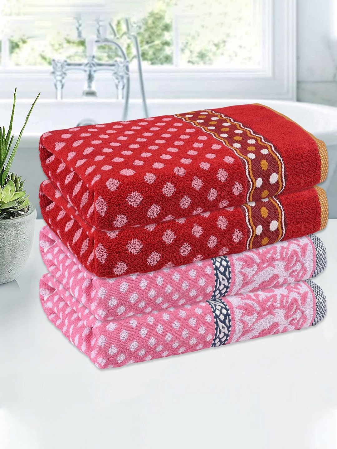 

Kuber Industries Pink & Red 4 Pieces Printed Cotton 150 GSM Bath Towel