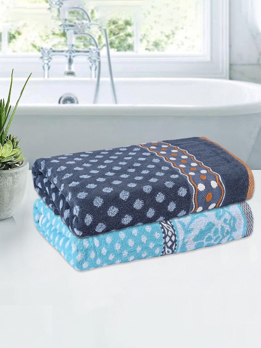 

Kuber Industries Grey & Turquoise Blue 2 Pieces Printed Cotton 150 GSM Bath Towel