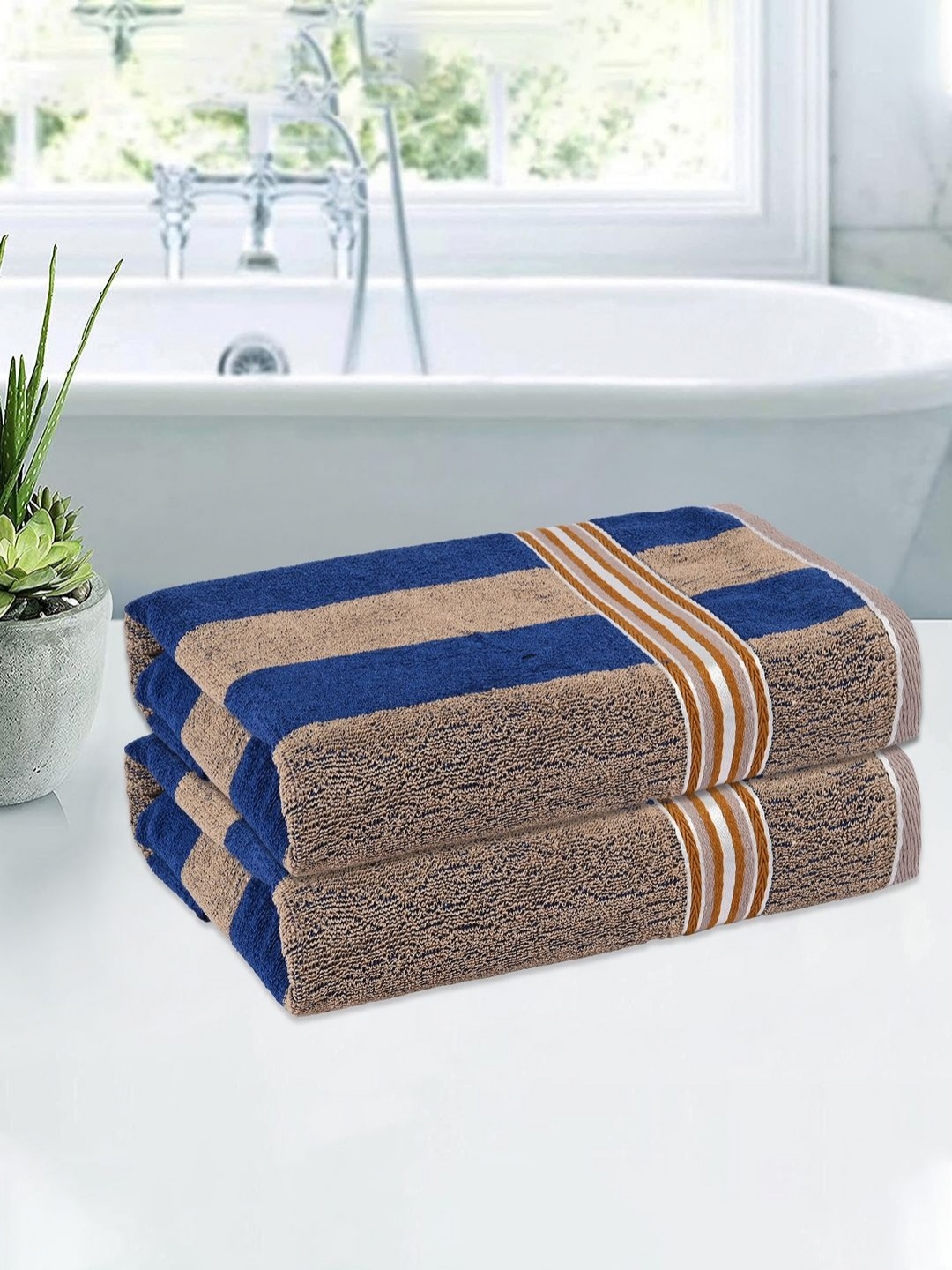 

Kuber Industries Cream-Coloured & Blue 2 Pieces Cotton 150 GSM Bath Towels