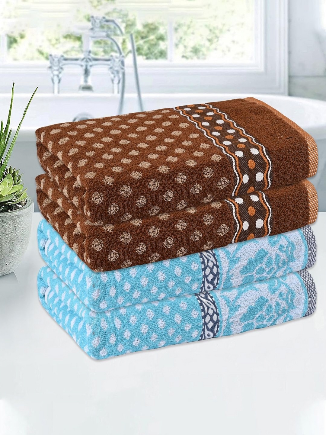 

Kuber Industries Blue & White 4 Pieces Printed Cotton 144 GSM Bath Towels