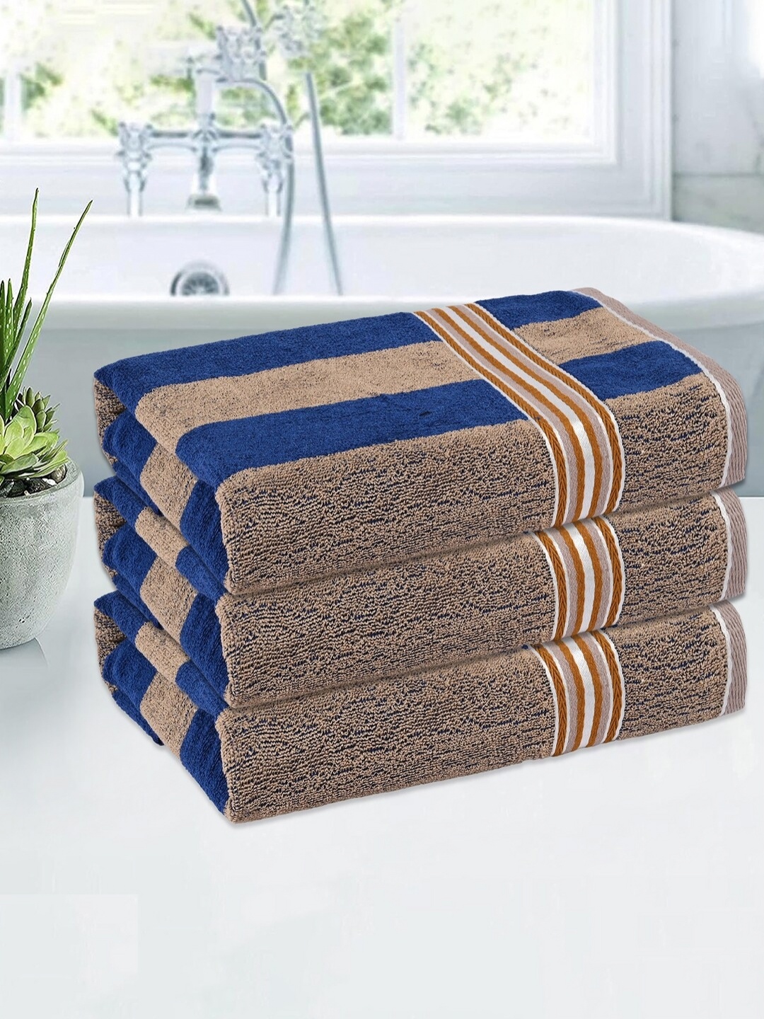 

Kuber Industries Cream & Blue 3 Pieces Striped Cotton 150 GSM Bath Towel