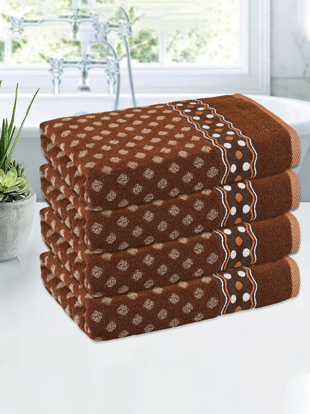 

Kuber Industries Brown & White 4 Pieces Printed Cotton 150 GSM Bath Towel