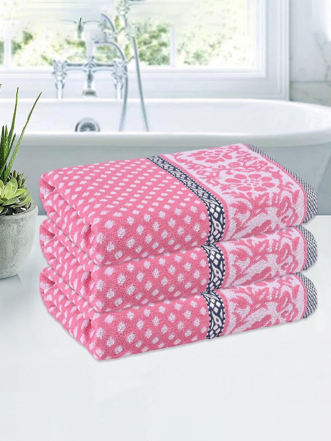 

Kuber Industries Pink & White 3 Pieces Printed Cotton 150 GSM Bath Towel