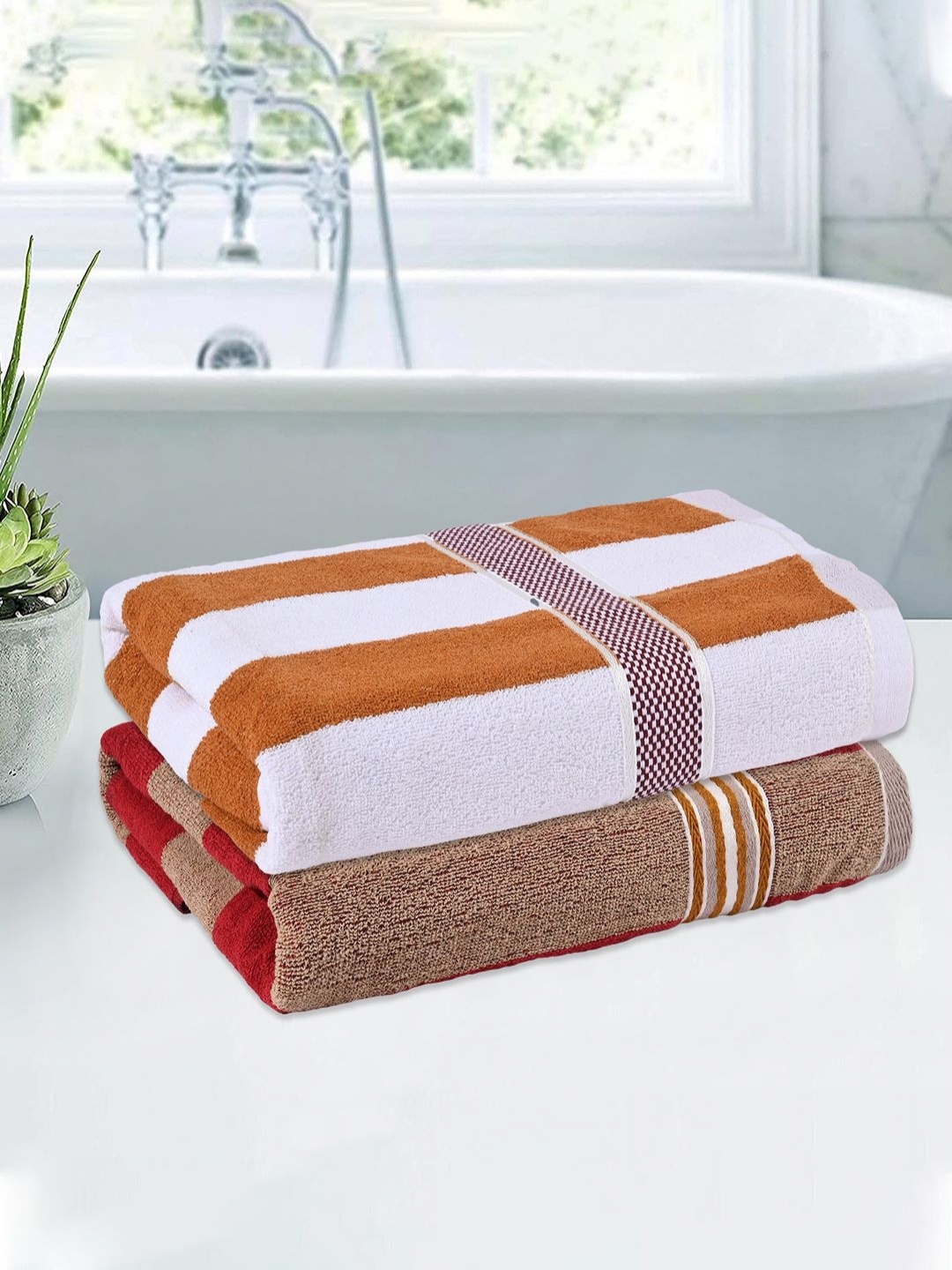 

Kuber Industries White & Mustard 2 Pieces Striped Cotton 150 GSM Bath Towel