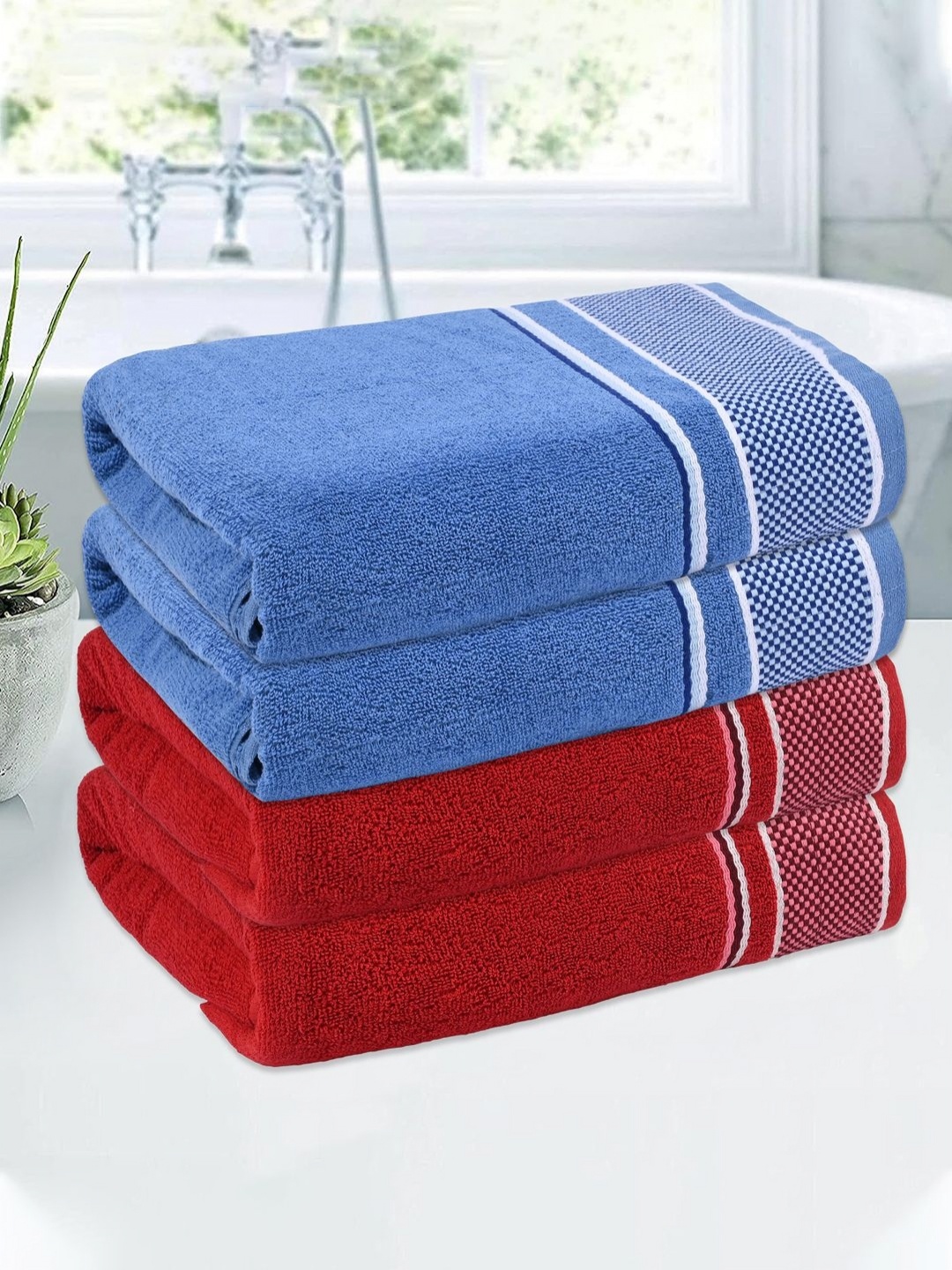 

Kuber Industries Red & Blue 4 Pieces Striped Cotton 150 GSM Bath Towel