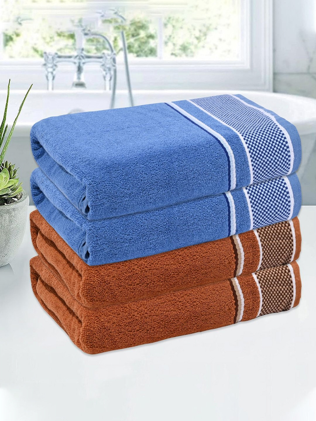 

Kuber Industries Blue & Brown 4 Pieces Cotton 150 GSM Bath Towel