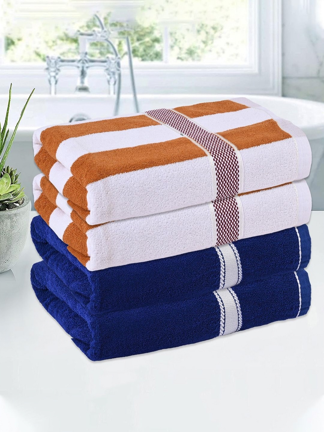 

Kuber Industries Blue & White 4 Pieces Striped Cotton 150 GSM Bath Towel