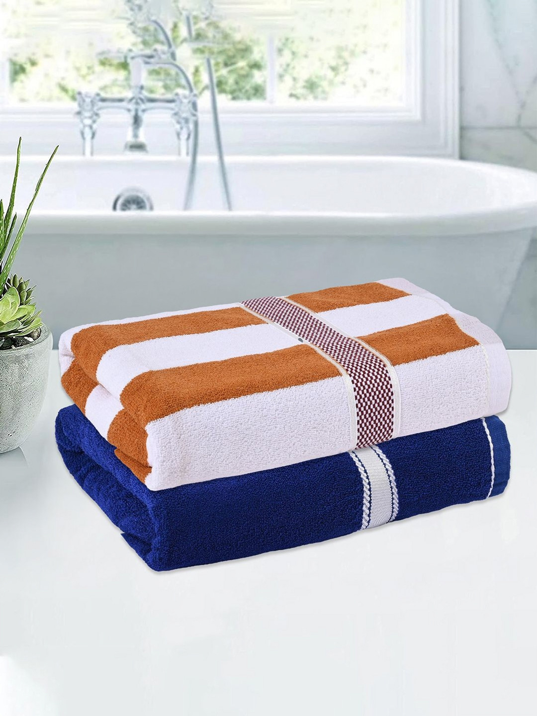 

Kuber Industries Blue & Orange 2 Pieces Striped Cotton 144 GSM Bath Towels