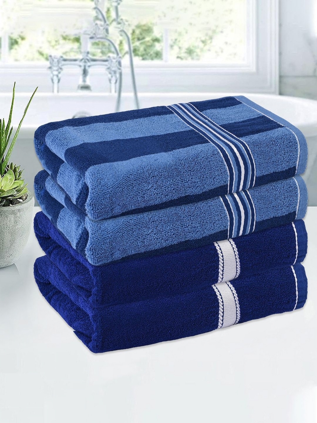 

Kuber Industries Blue & White 4 Pieces Striped Cotton 150 GSM Bath Towels