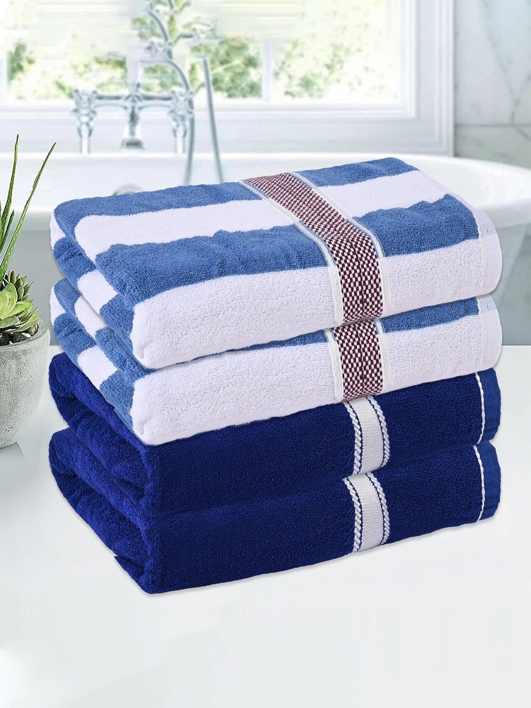 

Kuber Industries Blue & White 4 Pieces Striped Cotton 150 GSM Bath Towels