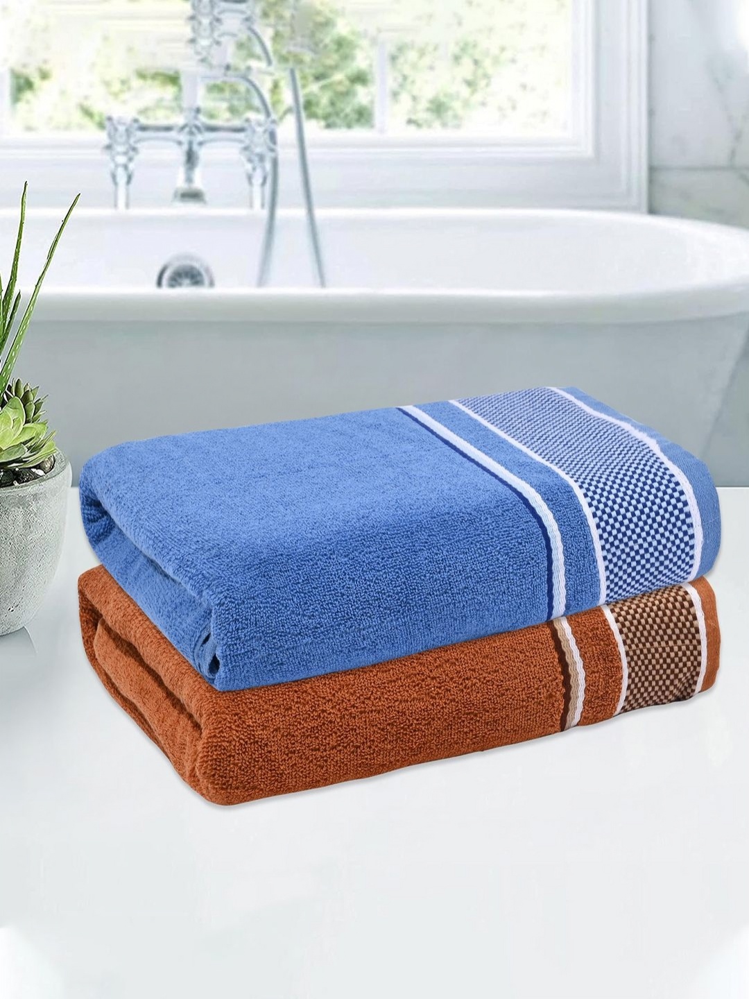 

Kuber Industries Blue & White 2 Pieces Cotton 150 GSM Bath Towels