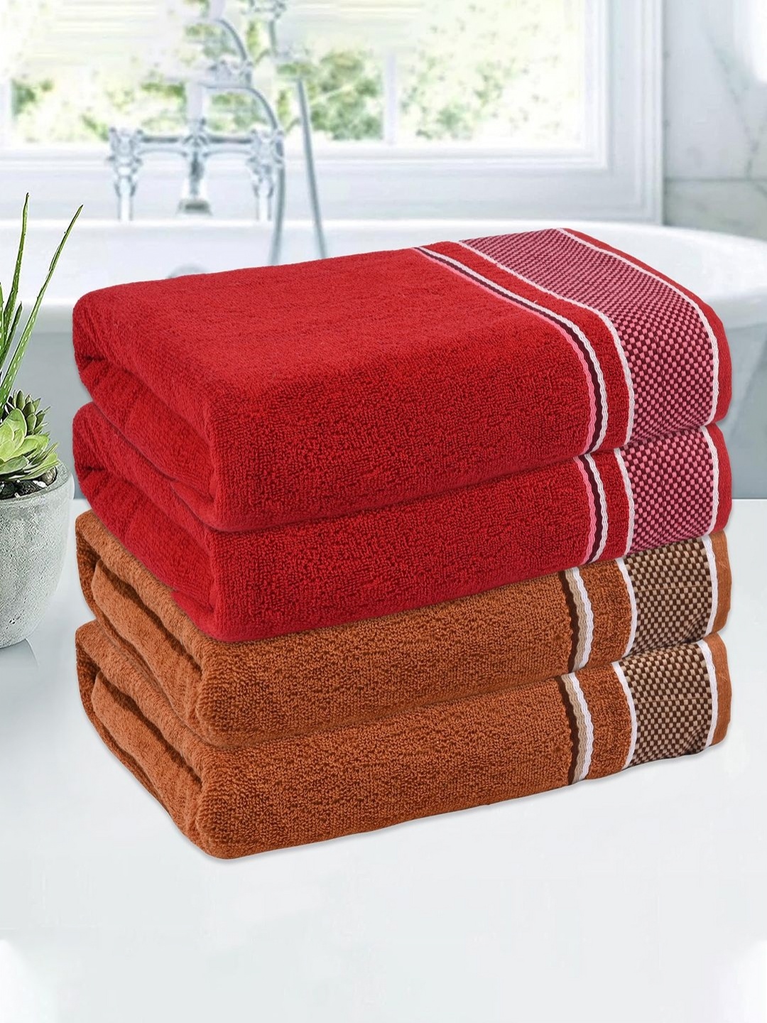 

Kuber Industries Red & Brown 4 Pieces Cotton 150 GSM Bath Towel