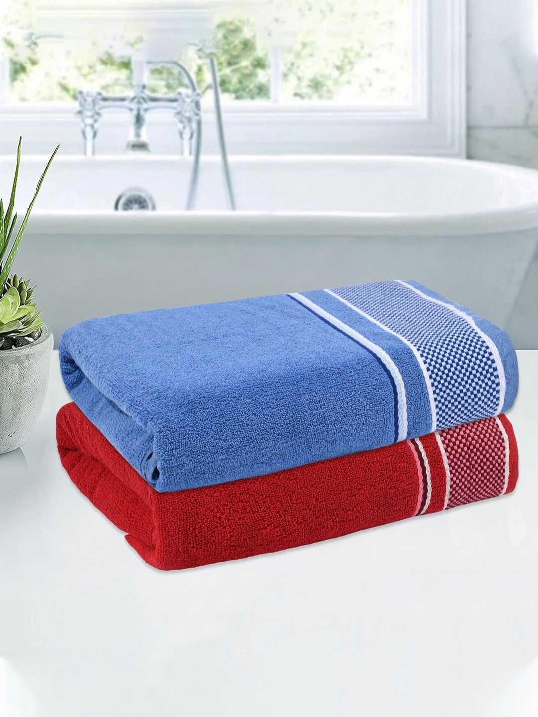 

Kuber Industries Red & Blue 2 Pieces Striped Cotton 144 GSM Bath Towel