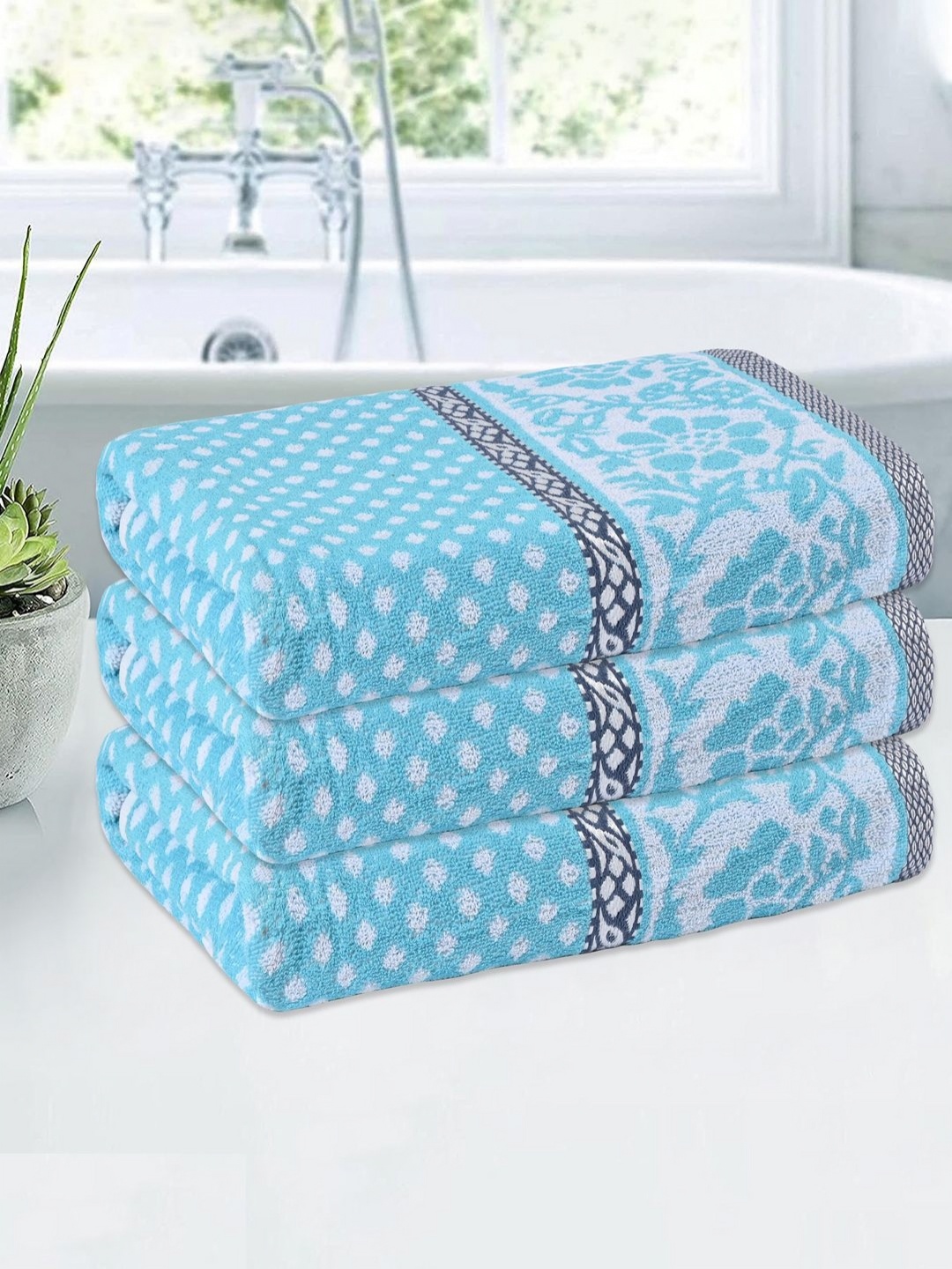 

Kuber Industries Blue & White 3 Pieces Printed Cotton 150 GSM Bath Towels