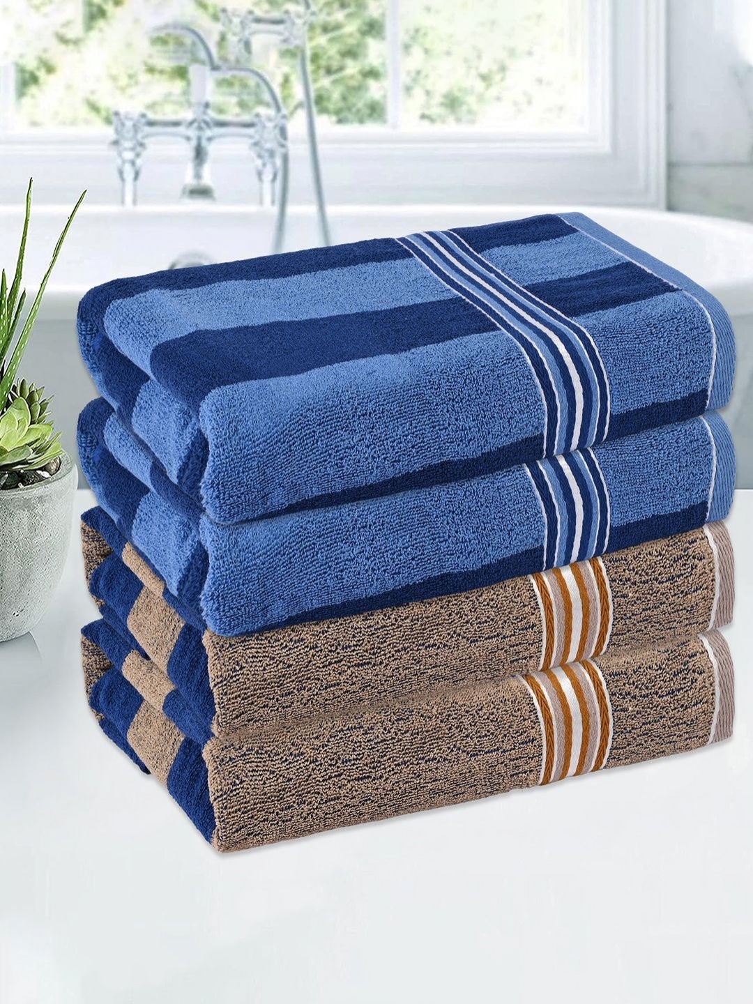 

Kuber Industries Cream & Blue 4 Pieces Striped Cotton 150 GSM Bath Towel