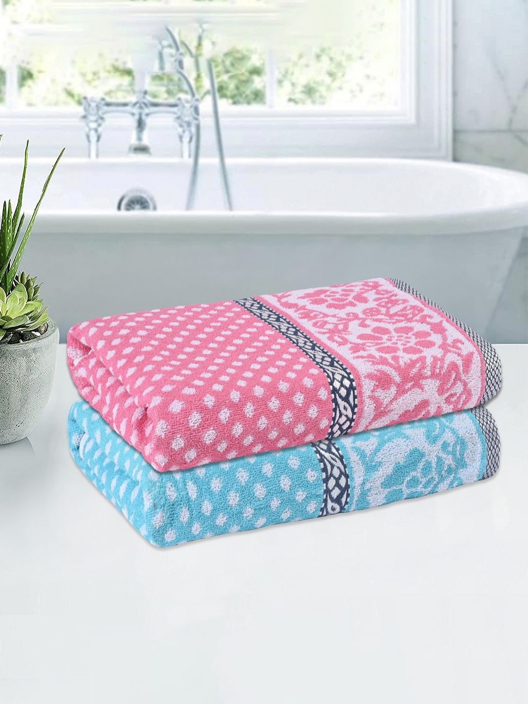 

Kuber Industries Blue & Pink 2 Pieces Printed Cotton 150 GSM Bath Towel