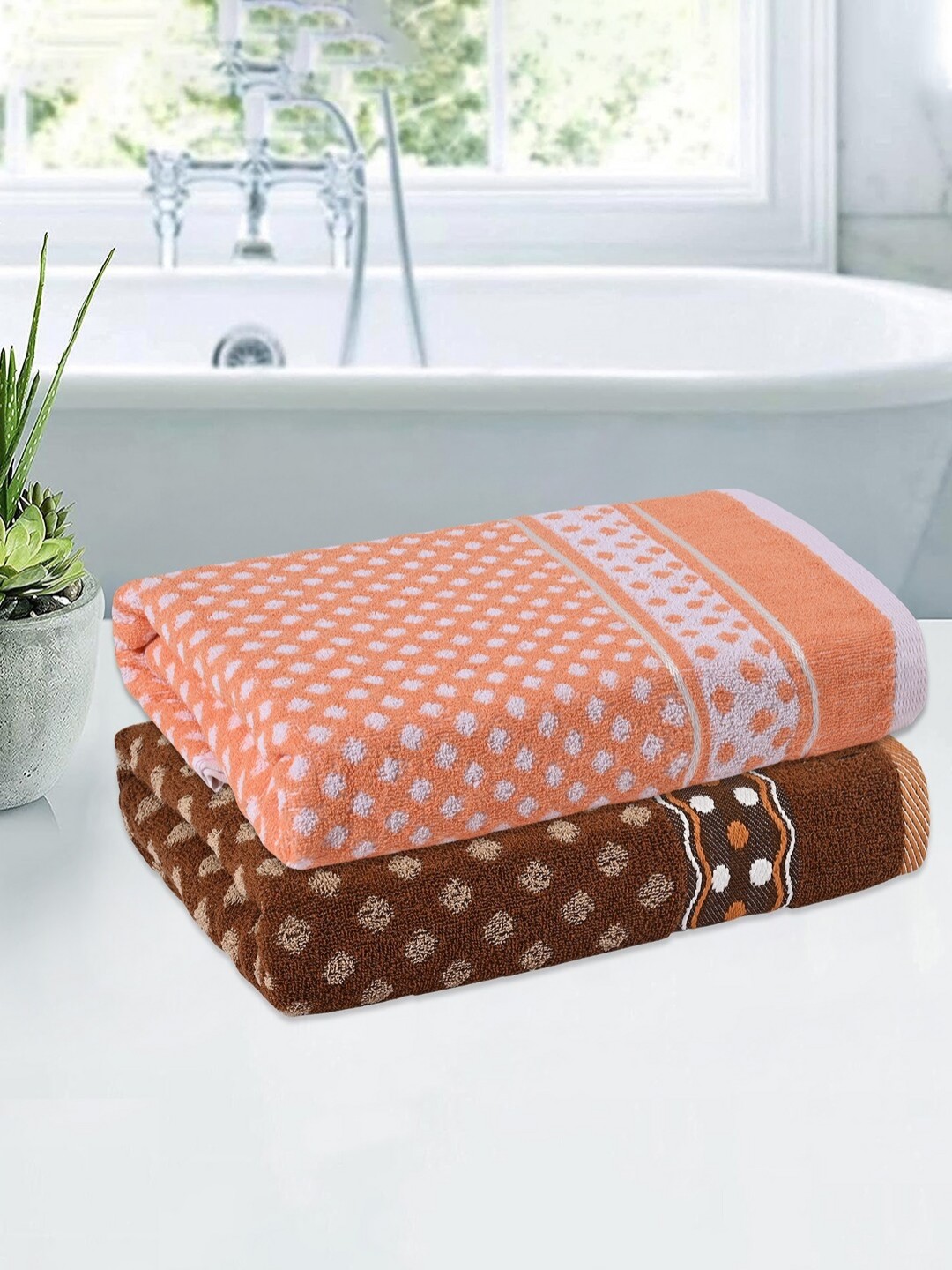 

Kuber Industries Brown & White 2 Pieces Printed Cotton 150 GSM Bath Towels