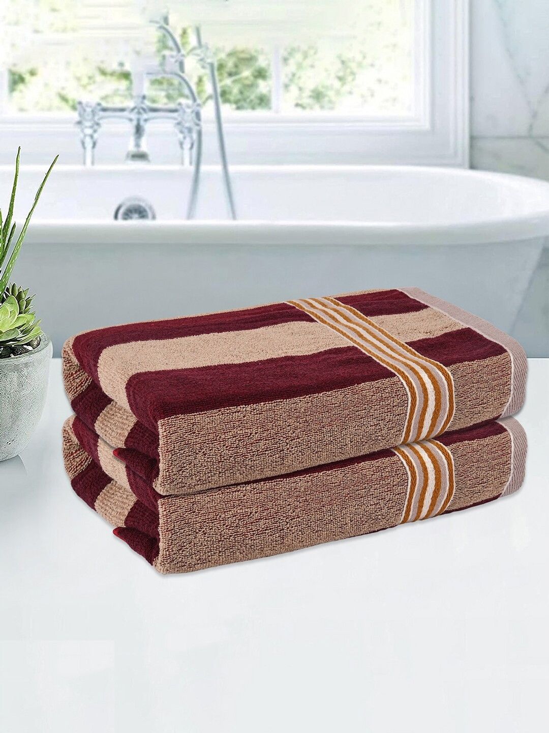 

Kuber Industries Cream & Brown 2 Pieces Striped Cotton 150 GSM Bath Towel