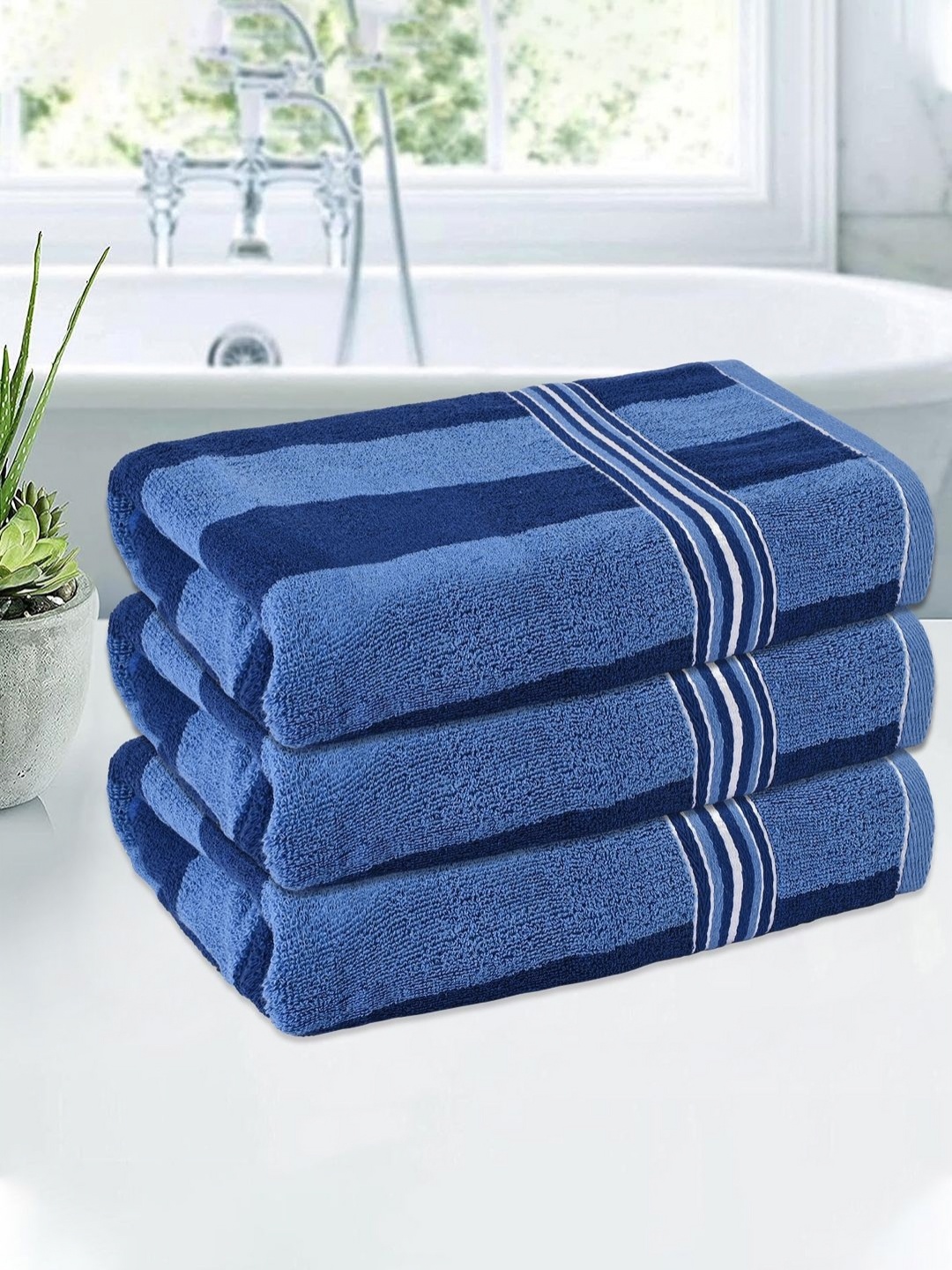 

Kuber Industries Blue & White 3 Pieces Striped Cotton 150 GSM Bath Towel