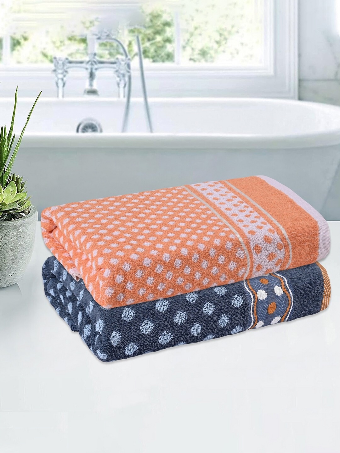 

Kuber Industries Grey & Orange 2 Pieces Printed Cotton 150 GSM Bath Towels