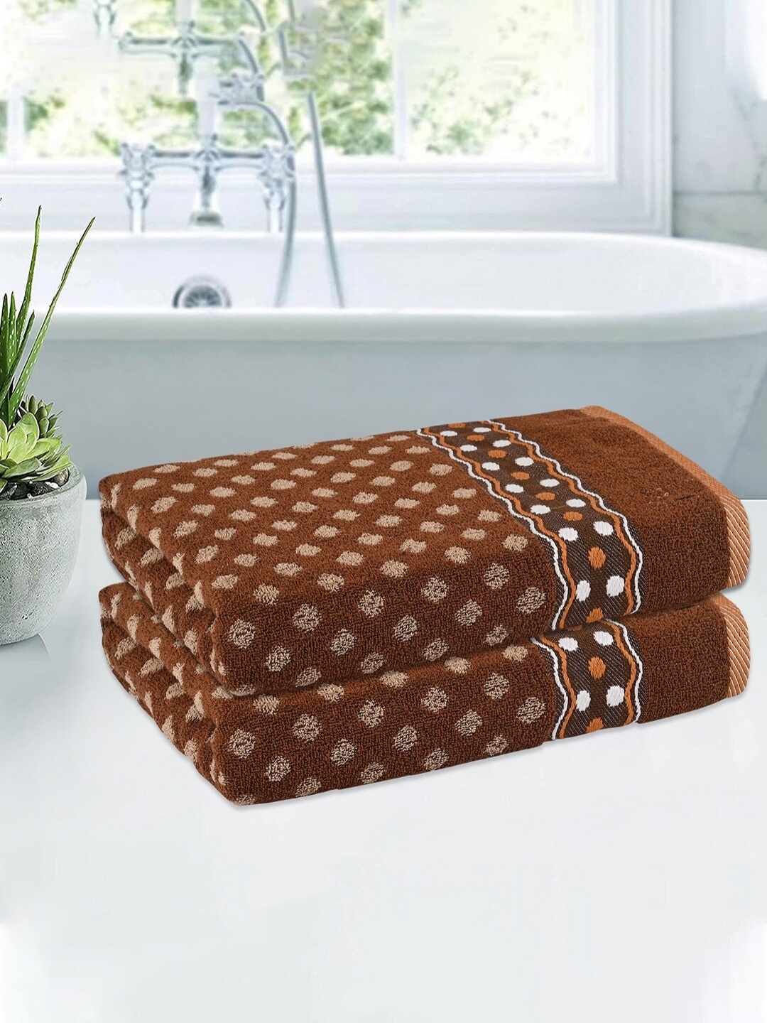 

Kuber Industries Brown & White 2 Pieces Printed Cotton 150 GSM Bath Towel