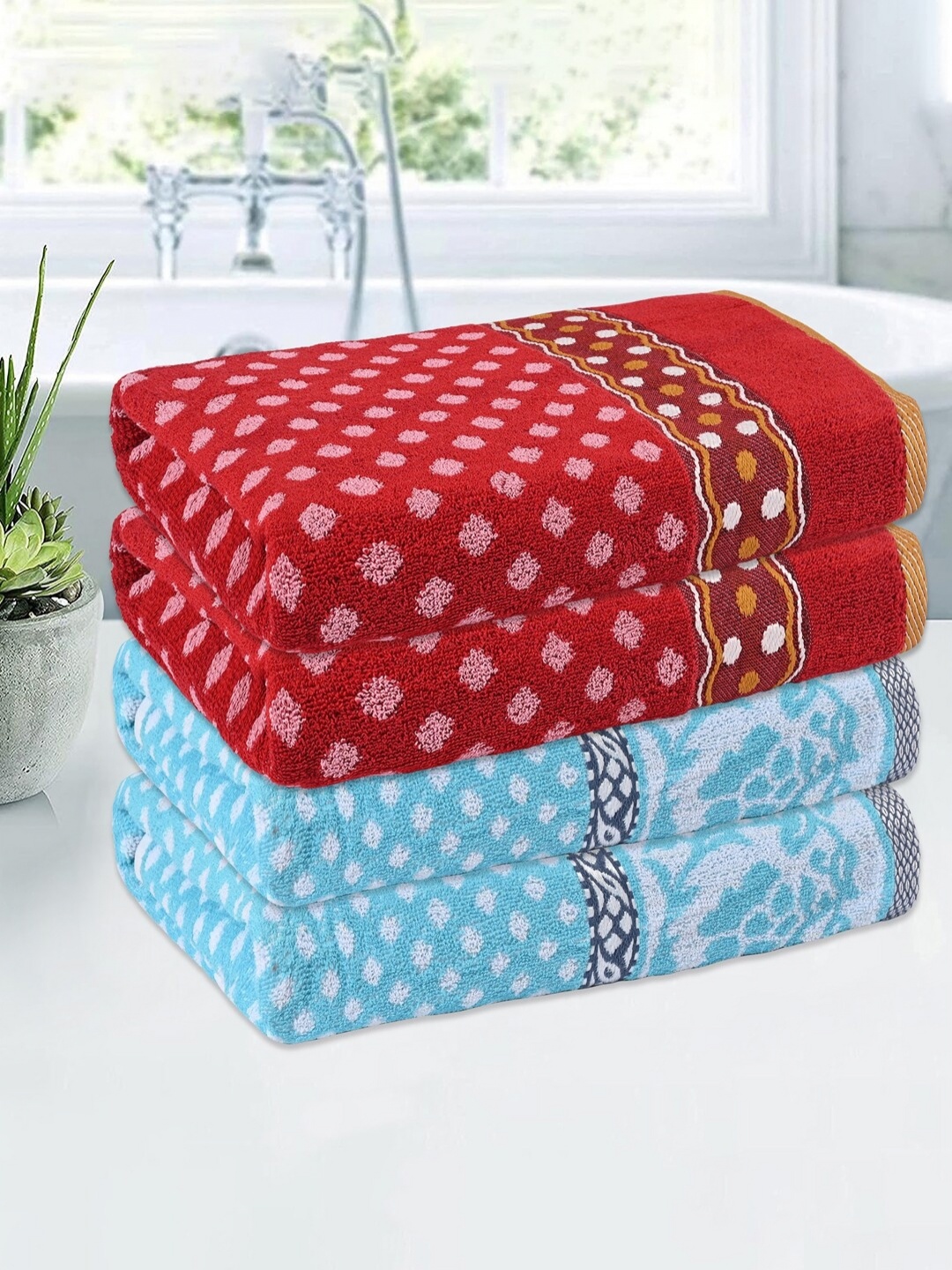 

Kuber Industries Blue & Red 4 Pieces Printed Cotton 144 GSM Bath Towel