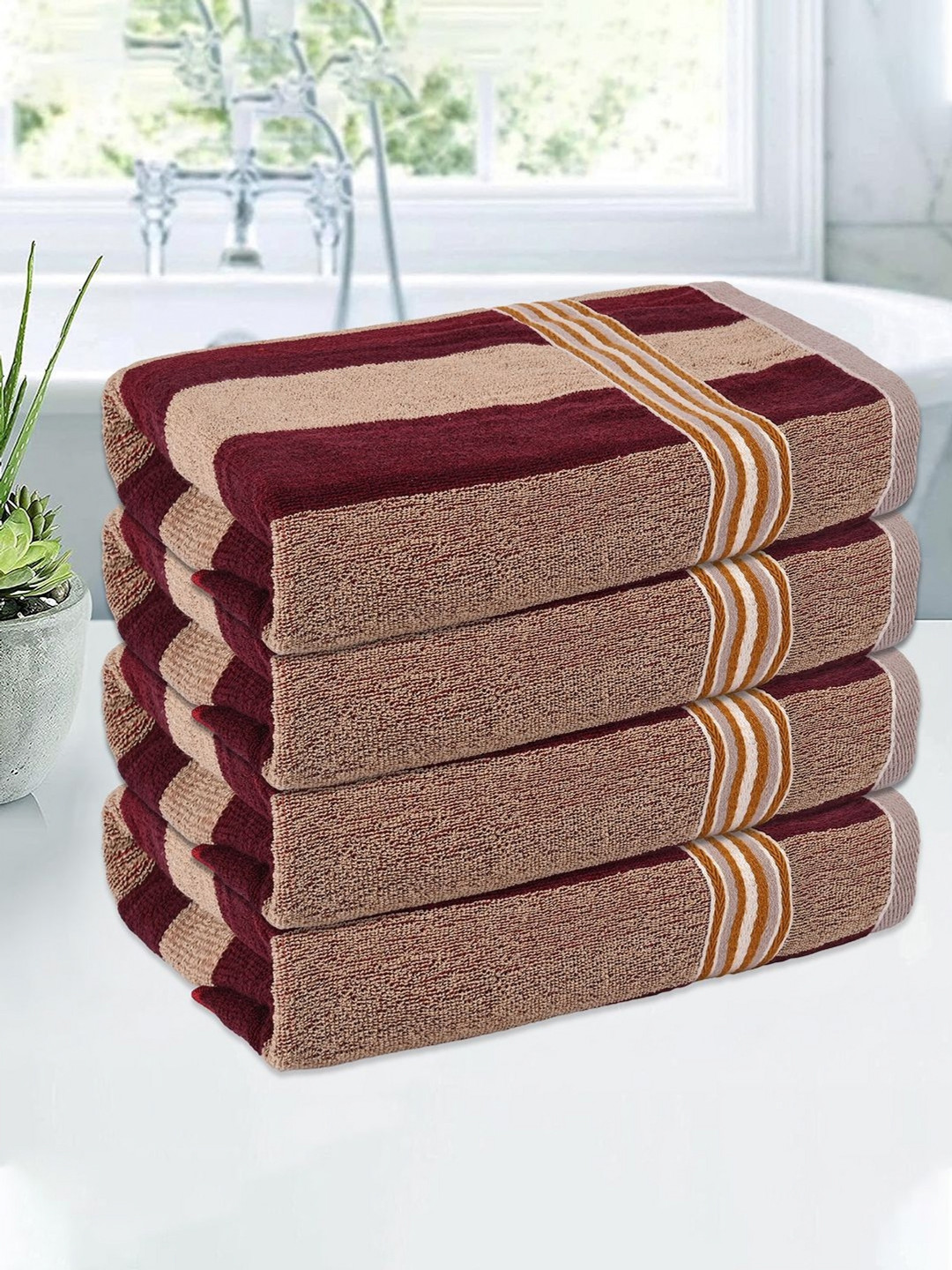 

Kuber Industries Cream-Coloured & Brown 4 Pieces Cotton 150 GSM Bath Towels