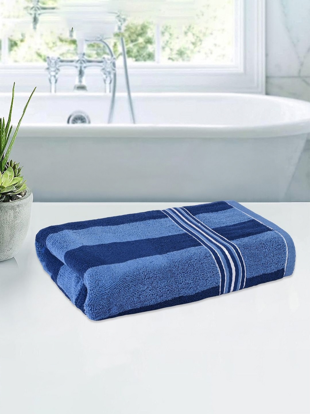 

Kuber Industries Blue Striped Cotton 150 GSM Bath Towel