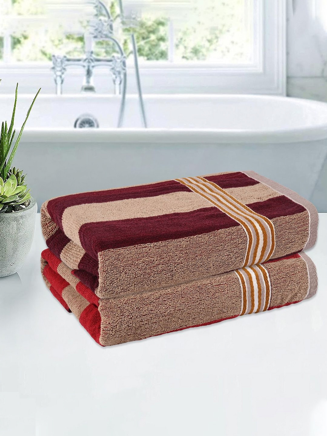 

Kuber Industries Cream-Coloured & Red 2 Pieces Striped Cotton 150 GSM Bath Towels