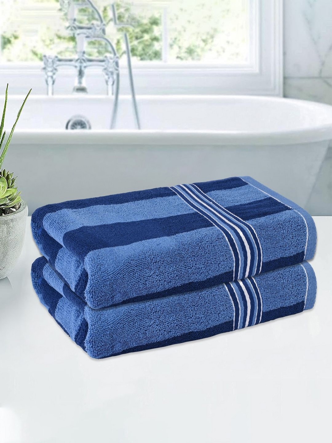 

Kuber Industries Blue & White 2 Pieces Striped Cotton 150 GSM Bath Towel