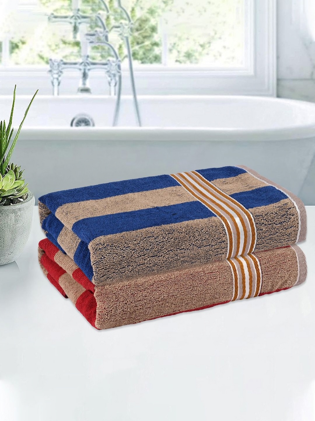 

Kuber Industries Cream & Blue 2 Pieces Striped Cotton 150 GSM Bath Towel